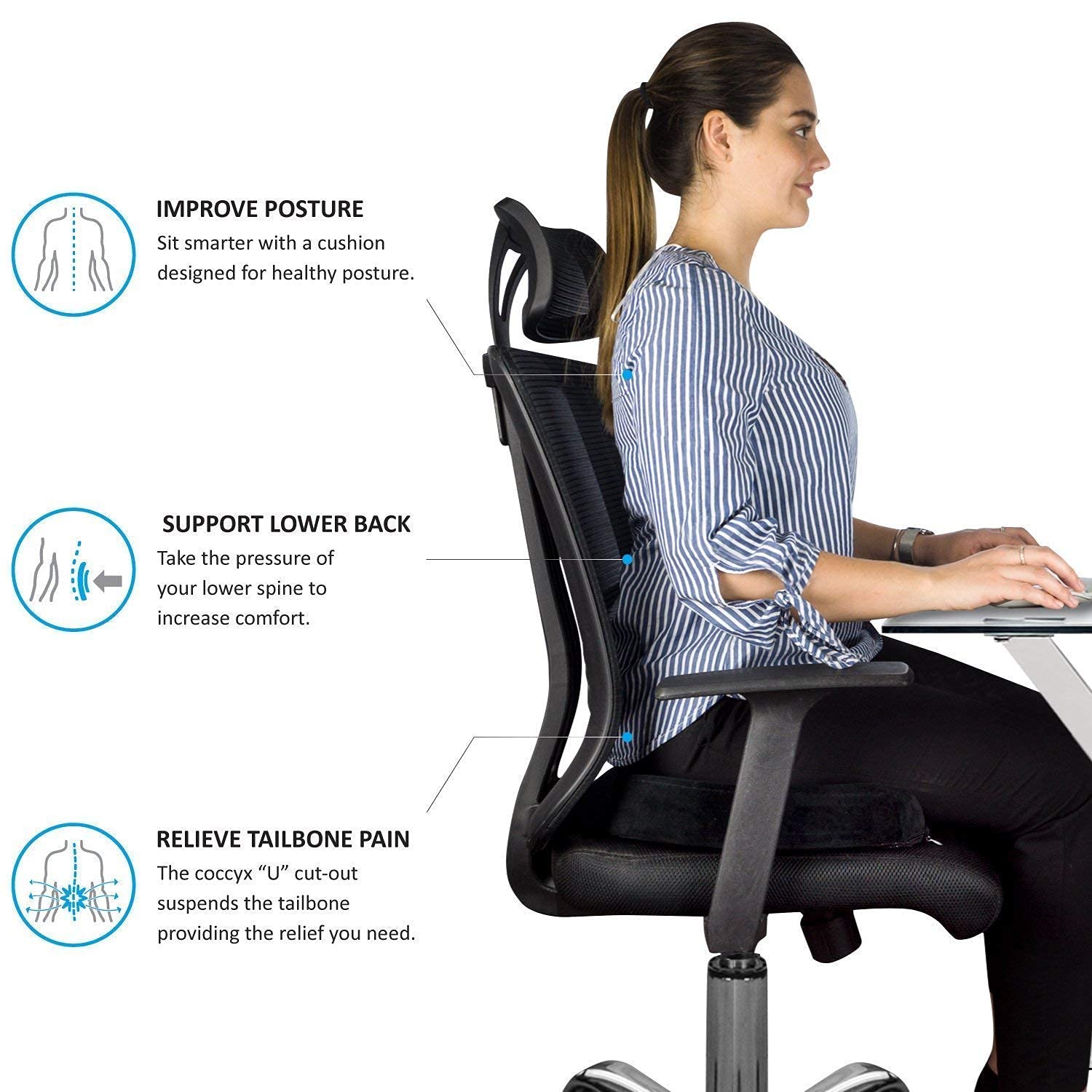 zaxty Pu Foam Donut Ring Pillow Coccyx Seat Cushion for Piles Haemorrhoid Coccyx Sciatica Tailbone Back Pain Fistula Prostate Post Natal Pain Relief Chair, Blue - Image 3